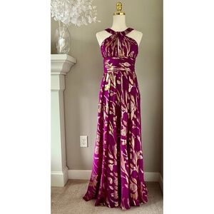 Aidan Mattox Plum and Gold Leaf Maxi Dress